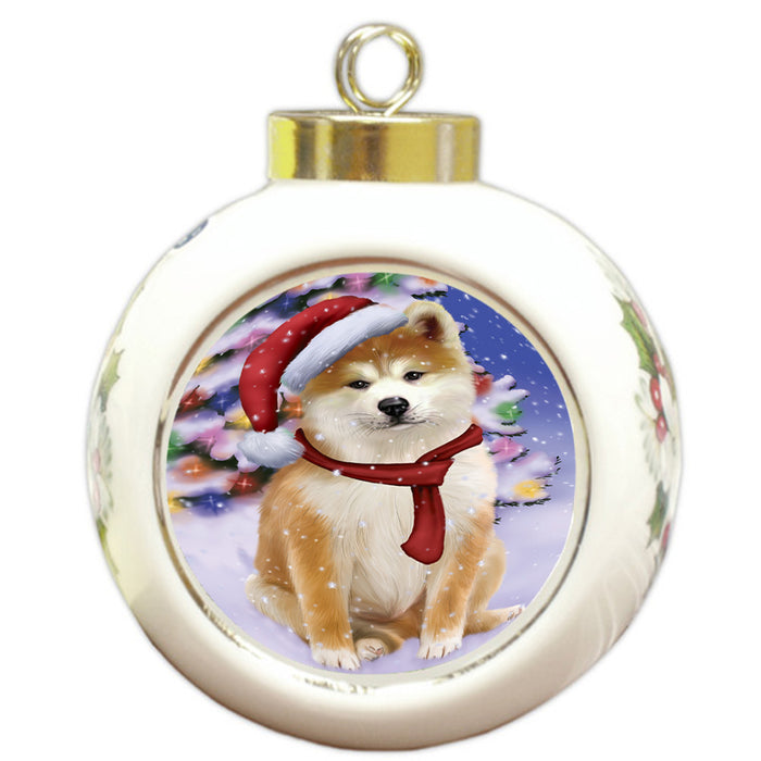 Winterland Wonderland Akita Dog In Christmas Holiday Scenic Background Round Ball Christmas Ornament RBPOR53723