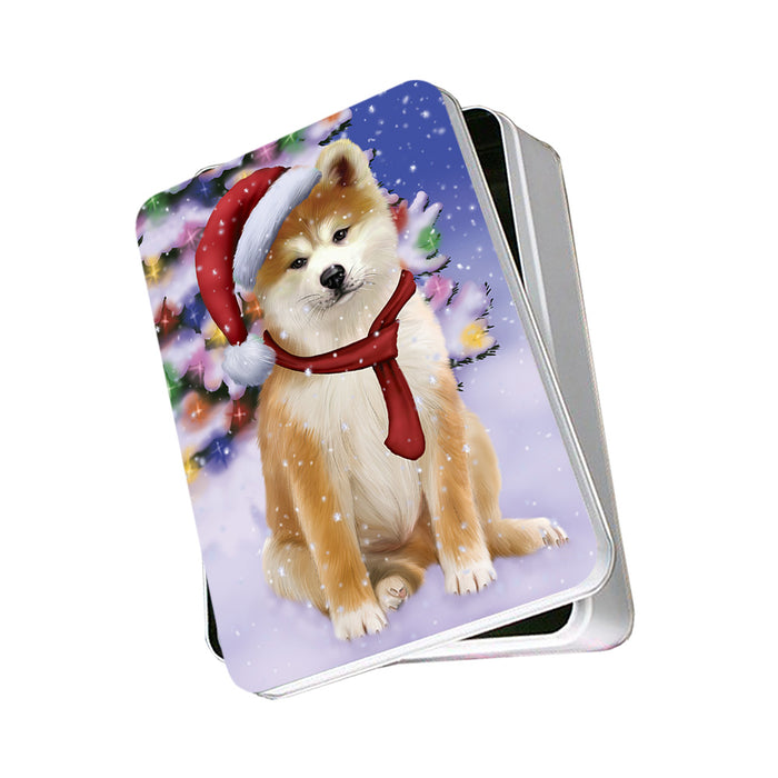 Winterland Wonderland Akita Dog In Christmas Holiday Scenic Background Photo Storage Tin PITN53666