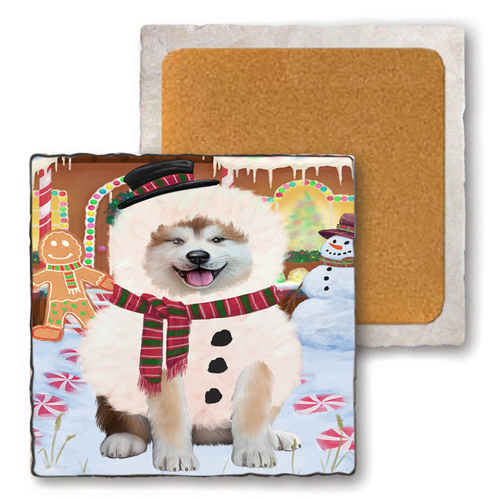 Christmas Gingerbread House Candyfest Akita Dog Set of 4 Natural Stone Marble Tile Coasters MCST51126