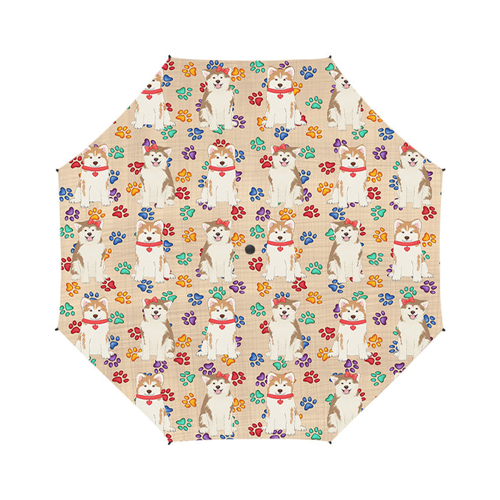 Rainbow Paw Print Akita Dogs Red Semi-Automatic Foldable Umbrella