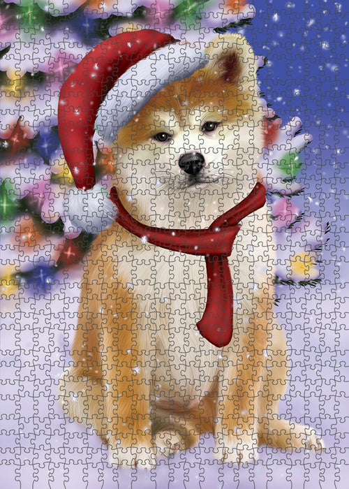 Winterland Wonderland Akita Dog In Christmas Holiday Scenic Background Puzzle with Photo Tin PUZL82048