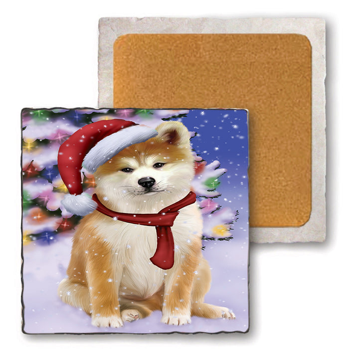 Winterland Wonderland Akita Dog In Christmas Holiday Scenic Background Set of 4 Natural Stone Marble Tile Coasters MCST48723