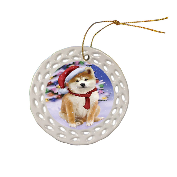 Winterland Wonderland Akita Dog In Christmas Holiday Scenic Background Ceramic Doily Ornament DPOR53723