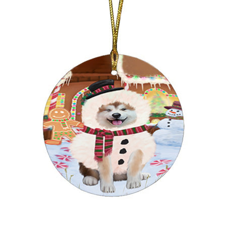 Christmas Gingerbread House Candyfest Akita Dog Round Flat Christmas Ornament RFPOR56482