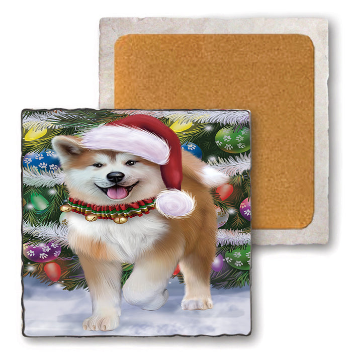 Trotting in the Snow Akita Dog Set of 4 Natural Stone Marble Tile Coasters MCST49553