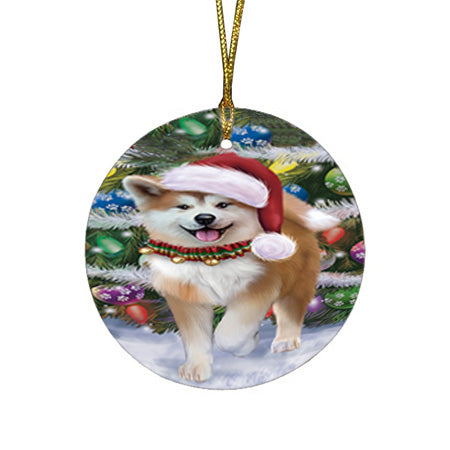 Trotting in the Snow Akita Dog Round Flat Christmas Ornament RFPOR54672