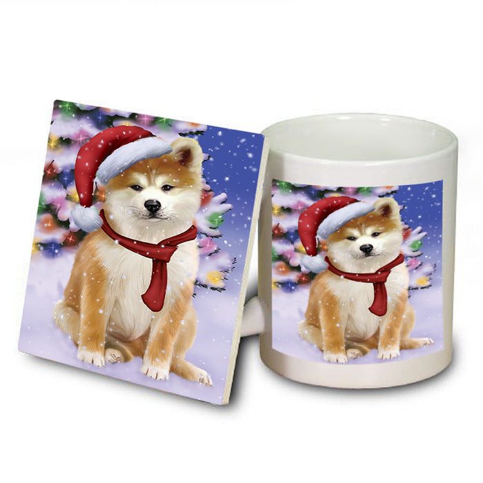 Winterland Wonderland Akita Dog In Christmas Holiday Scenic Background Mug and Coaster Set MUC53715