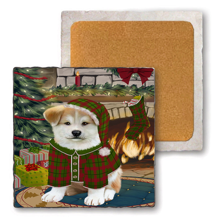 The Stocking was Hung Akita Dog Set of 4 Natural Stone Marble Tile Coasters MCST50153
