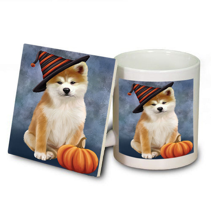 Happy Halloween Akita Dog Wearing Witch Hat with Pumpkin Mug and Coaster Set MUC54701
