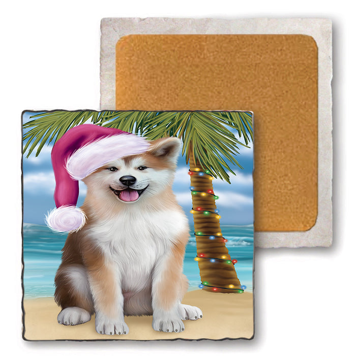 Summertime Happy Holidays Christmas Akita Dog on Tropical Island Beach Set of 4 Natural Stone Marble Tile Coasters MCST49397