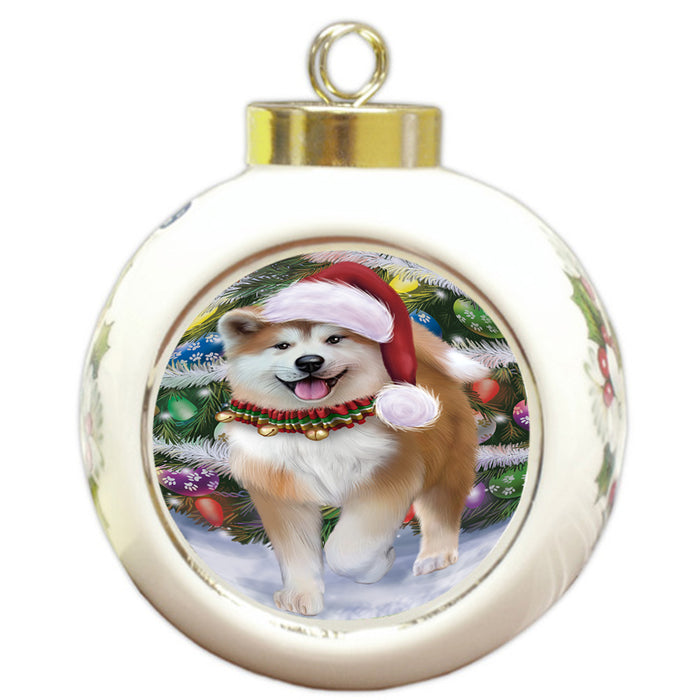 Trotting in the Snow Akita Dog Round Ball Christmas Ornament RBPOR54681