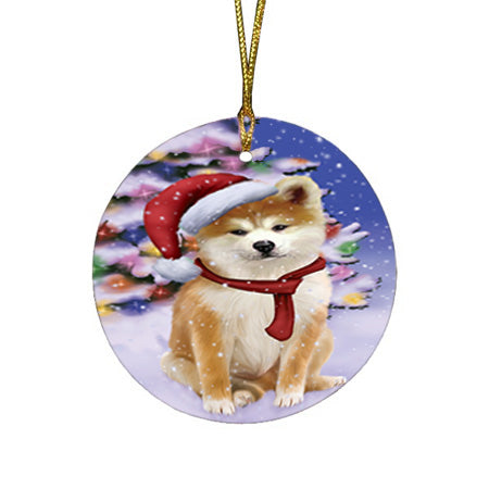 Winterland Wonderland Akita Dog In Christmas Holiday Scenic Background Round Flat Christmas Ornament RFPOR53714