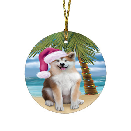 Summertime Happy Holidays Christmas Akita Dog on Tropical Island Beach Round Flat Christmas Ornament RFPOR54516