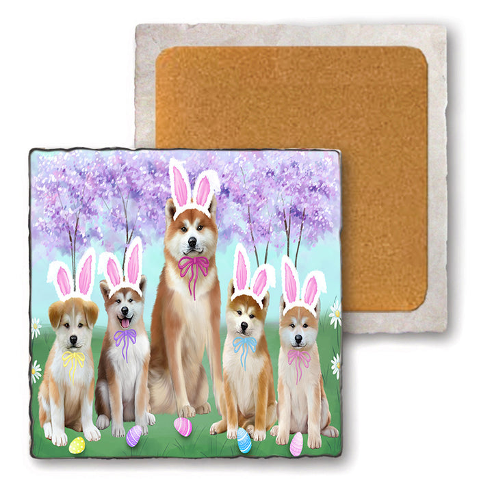 Easter Holiday Akitas Dog Set of 4 Natural Stone Marble Tile Coasters MCST51861