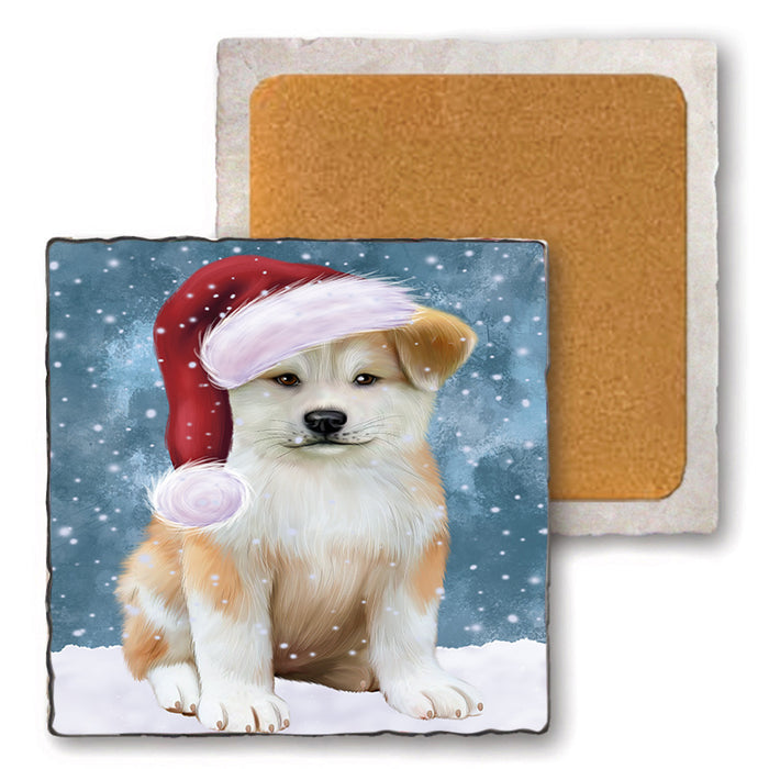 Let it Snow Christmas Holiday Akita Dog Wearing Santa Hat Set of 4 Natural Stone Marble Tile Coasters MCST49269