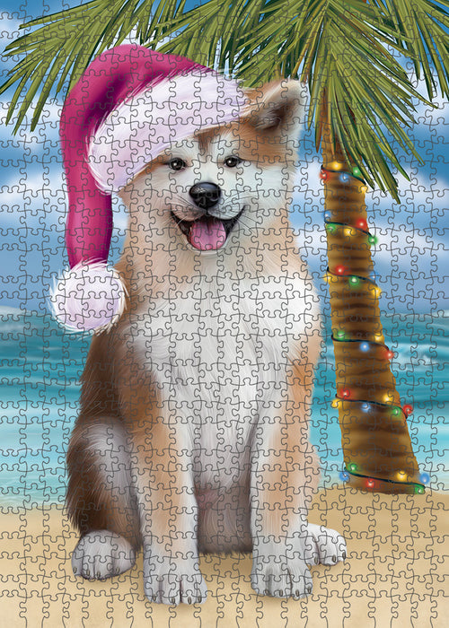 Summertime Happy Holidays Christmas Akita Dog on Tropical Island Beach Puzzle with Photo Tin PUZL85256