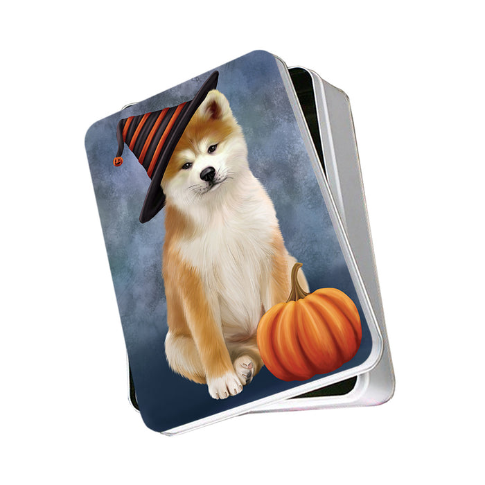 Happy Halloween Akita Dog Wearing Witch Hat with Pumpkin Photo Storage Tin PITN54652