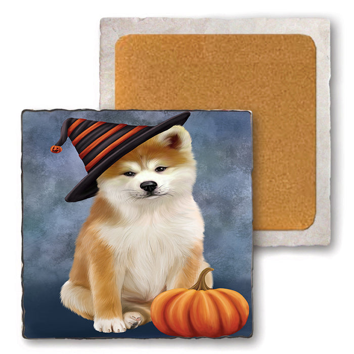 Happy Halloween Akita Dog Wearing Witch Hat with Pumpkin Set of 4 Natural Stone Marble Tile Coasters MCST49709