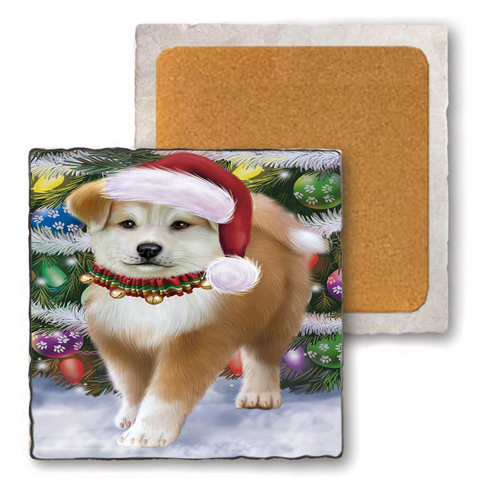 Trotting in the Snow Akita Dog Set of 4 Natural Stone Marble Tile Coasters MCST49554