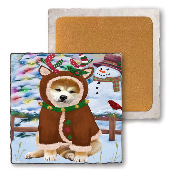 Christmas Gingerbread House Candyfest Akita Dog Set of 4 Natural Stone Marble Tile Coasters MCST51127