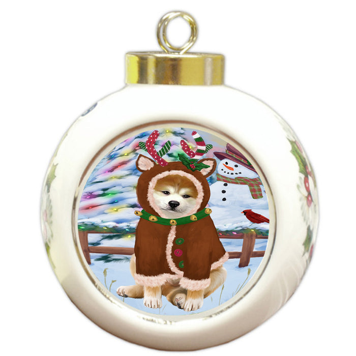 Christmas Gingerbread House Candyfest Akita Dog Round Ball Christmas Ornament RBPOR56483