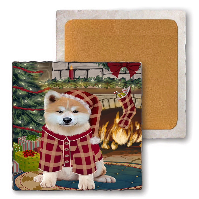 The Stocking was Hung Akita Dog Set of 4 Natural Stone Marble Tile Coasters MCST50154
