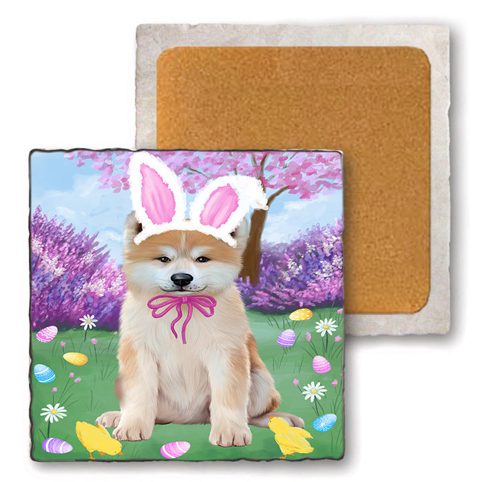 Easter Holiday Akita Dog Set of 4 Natural Stone Marble Tile Coasters MCST51862