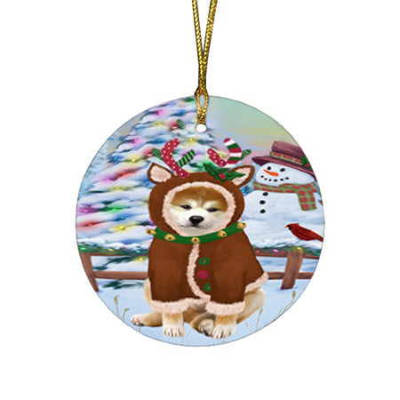 Christmas Gingerbread House Candyfest Akita Dog Round Flat Christmas Ornament RFPOR56483