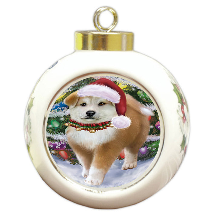 Trotting in the Snow Akita Dog Round Ball Christmas Ornament RBPOR54682