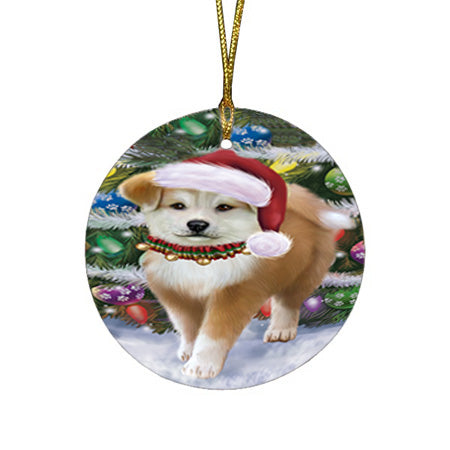 Trotting in the Snow Akita Dog Round Flat Christmas Ornament RFPOR54673
