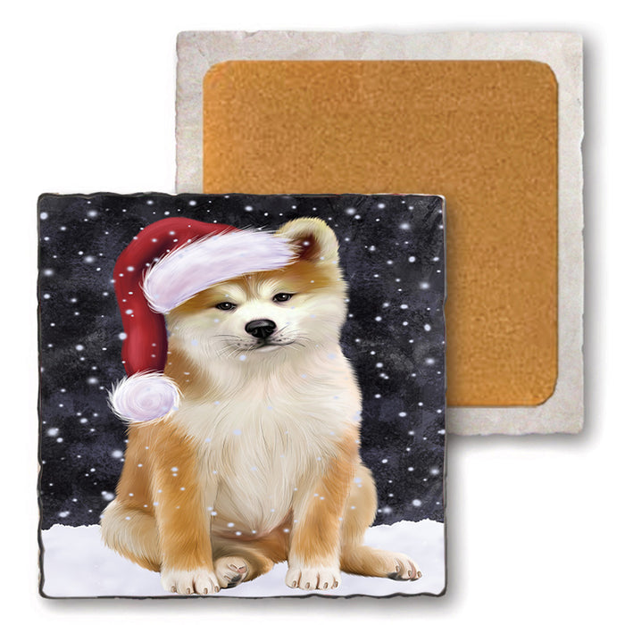 Let it Snow Christmas Holiday Akita Dog Wearing Santa Hat Set of 4 Natural Stone Marble Tile Coasters MCST49270