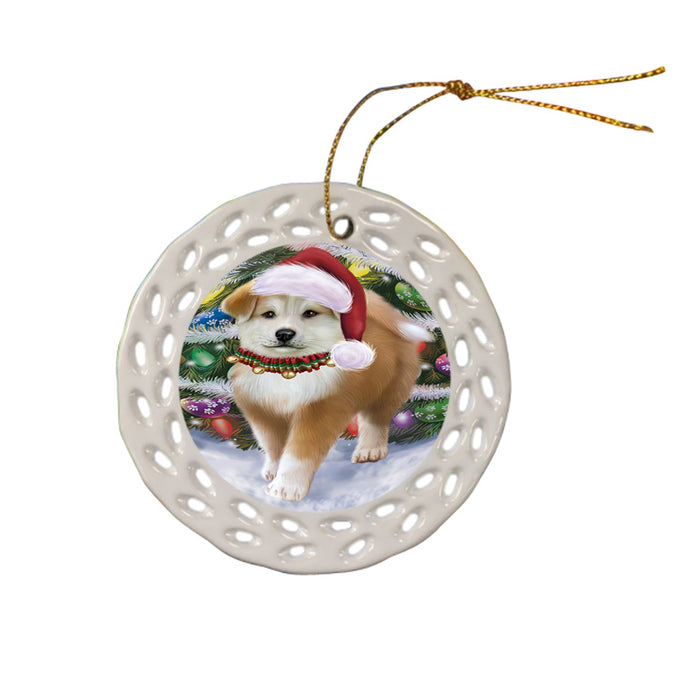 Trotting in the Snow Akita Dog Ceramic Doily Ornament DPOR54682