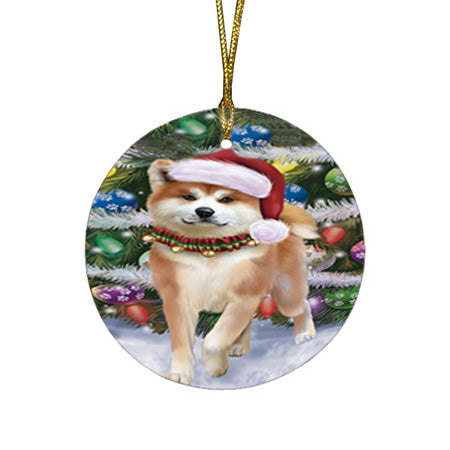 Trotting in the Snow Akita Dog Round Flat Christmas Ornament RFPOR54674