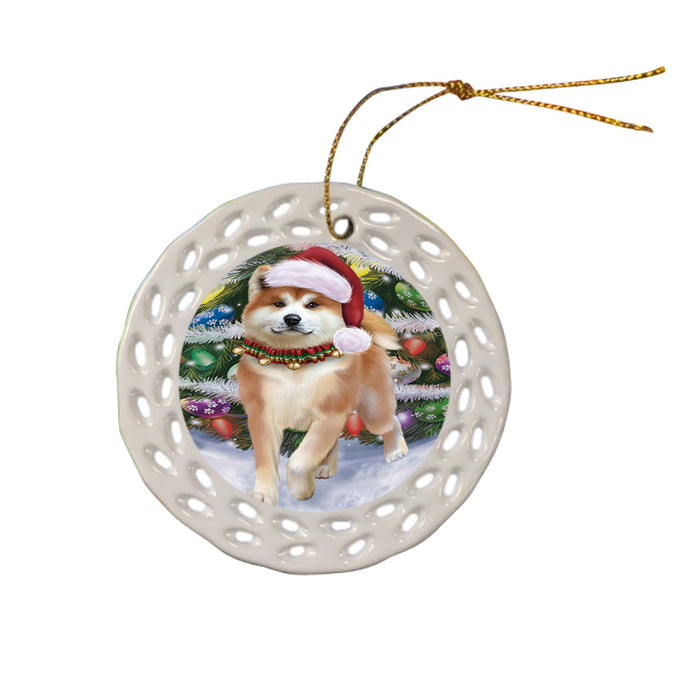Trotting in the Snow Akita Dog Ceramic Doily Ornament DPOR54683