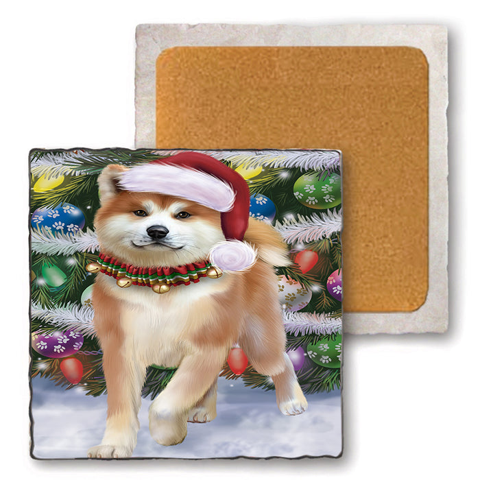Trotting in the Snow Akita Dog Set of 4 Natural Stone Marble Tile Coasters MCST49555