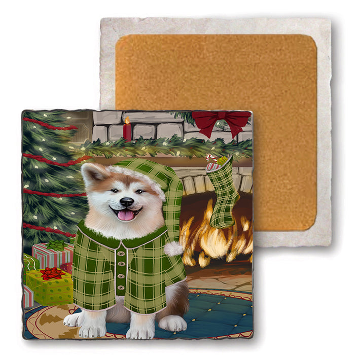 The Stocking was Hung Akita Dog Set of 4 Natural Stone Marble Tile Coasters MCST50155