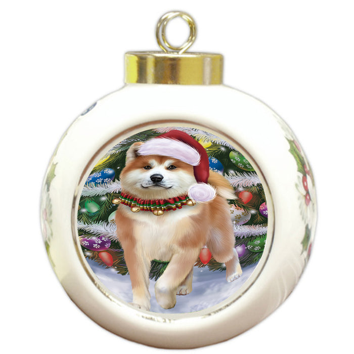 Trotting in the Snow Akita Dog Round Ball Christmas Ornament RBPOR54683