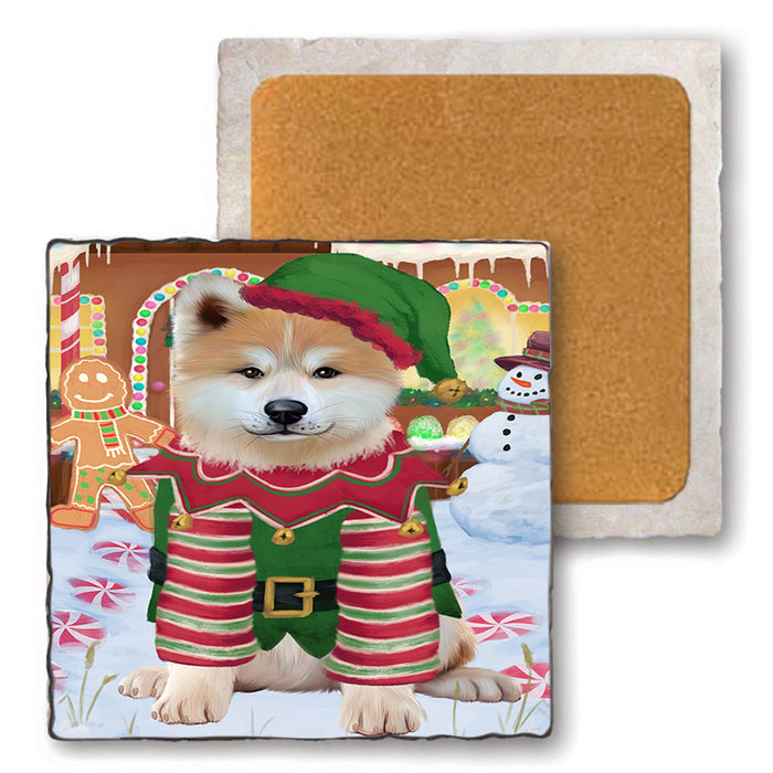 Christmas Gingerbread House Candyfest Akita Dog Set of 4 Natural Stone Marble Tile Coasters MCST51128