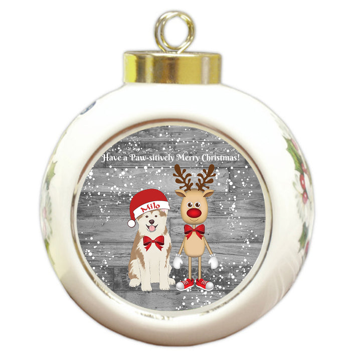 Custom Personalized Akita Dog Reindeer and Pooch Christmas Round Ball Ornament