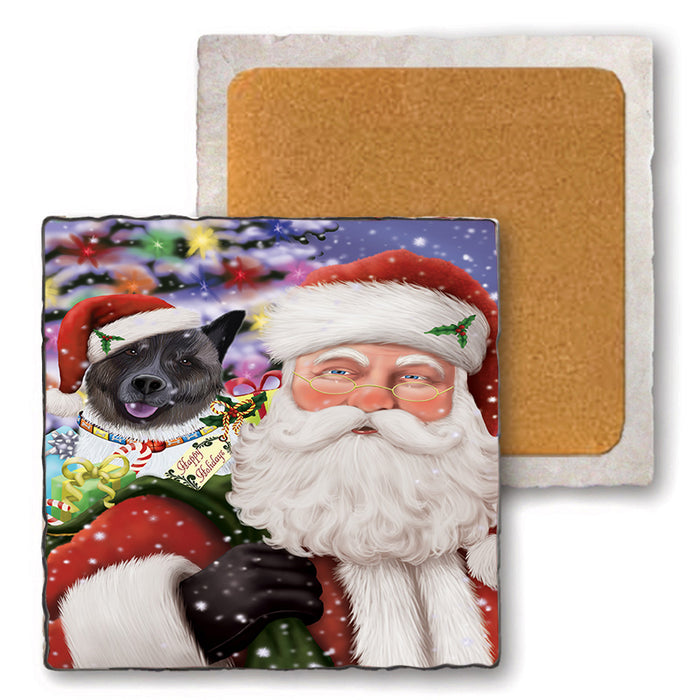 Santa Carrying Akita Dog and Christmas Presents Set of 4 Natural Stone Marble Tile Coasters MCST50475