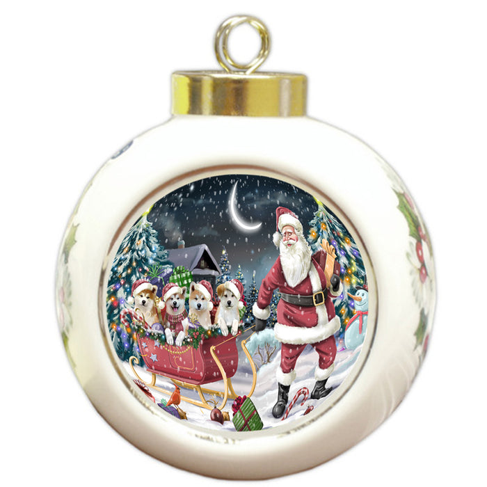 Santa Sled Dogs Christmas Happy Holidays Akitas Dog Round Ball Christmas Ornament RBPOR51710