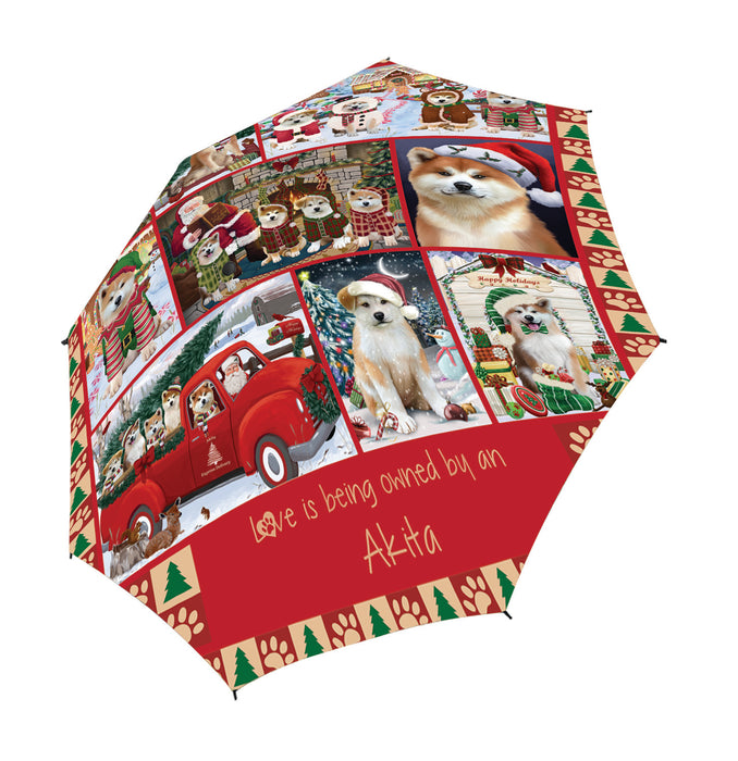Love is Being Owned Christmas Akita Dogs Semi-Automatic Foldable Umbrella