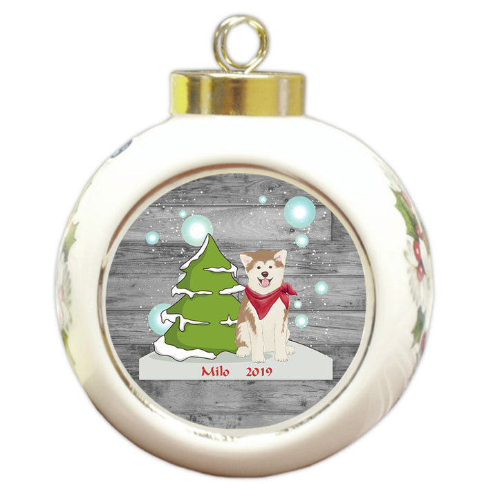 Custom Personalized Winter Scenic Tree and Presents Akita Dog Christmas Round Ball Ornament
