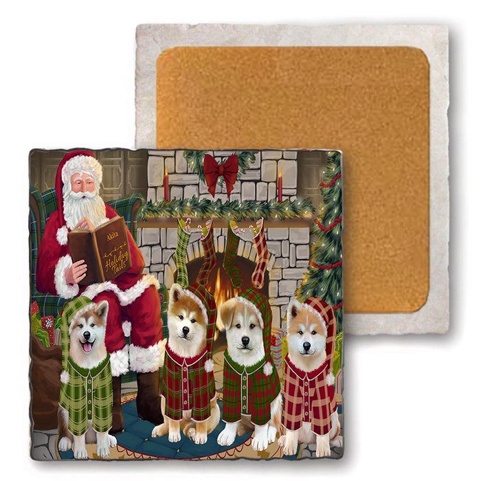 Christmas Cozy Holiday Tails Akitas Dog Set of 4 Natural Stone Marble Tile Coasters MCST50086