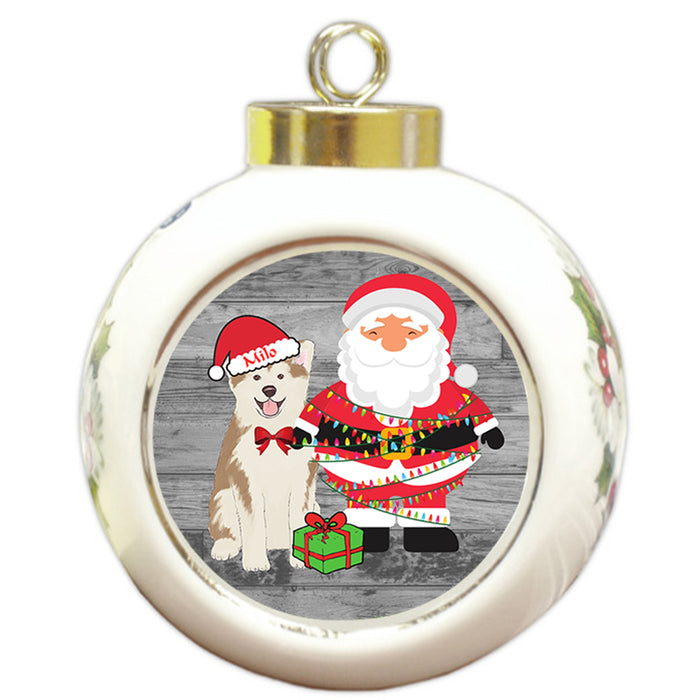 Custom Personalized Akita Dog With Santa Wrapped in Light Christmas Round Ball Ornament