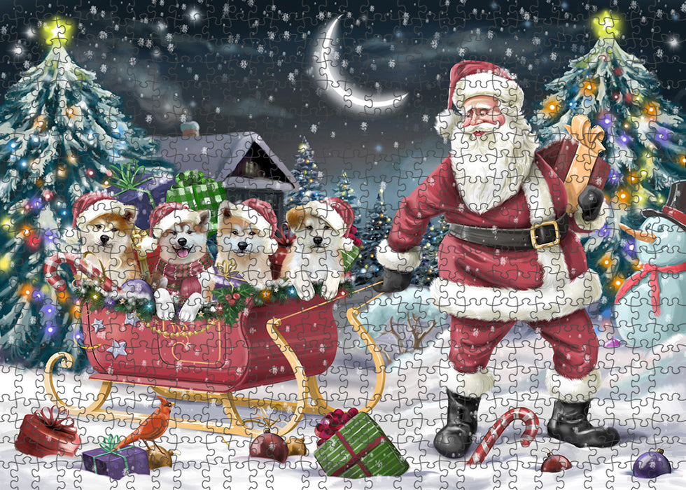 Santa Sled Dogs Christmas Happy Holidays Akitas Dog Puzzle with Photo Tin PUZL59217
