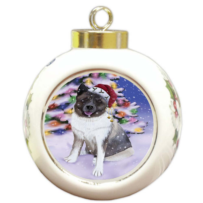 Winterland Wonderland Akita Dog In Christmas Holiday Scenic Background Round Ball Christmas Ornament RBPOR56031