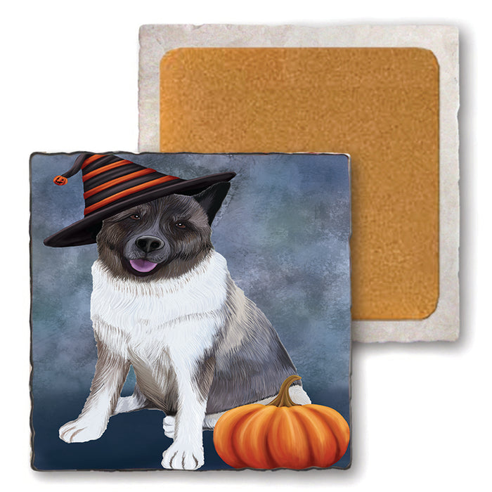 Happy Halloween Akita Dog Wearing Witch Hat with Pumpkin Set of 4 Natural Stone Marble Tile Coasters MCST49912