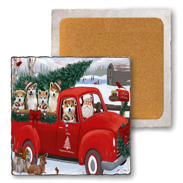 Christmas Santa Express Delivery Akitas Dog Family Set of 4 Natural Stone Marble Tile Coasters MCST49997