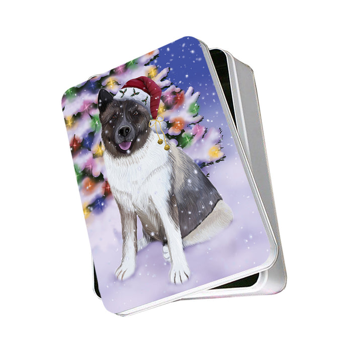 Winterland Wonderland Akita Dog In Christmas Holiday Scenic Background Photo Storage Tin PITN55618